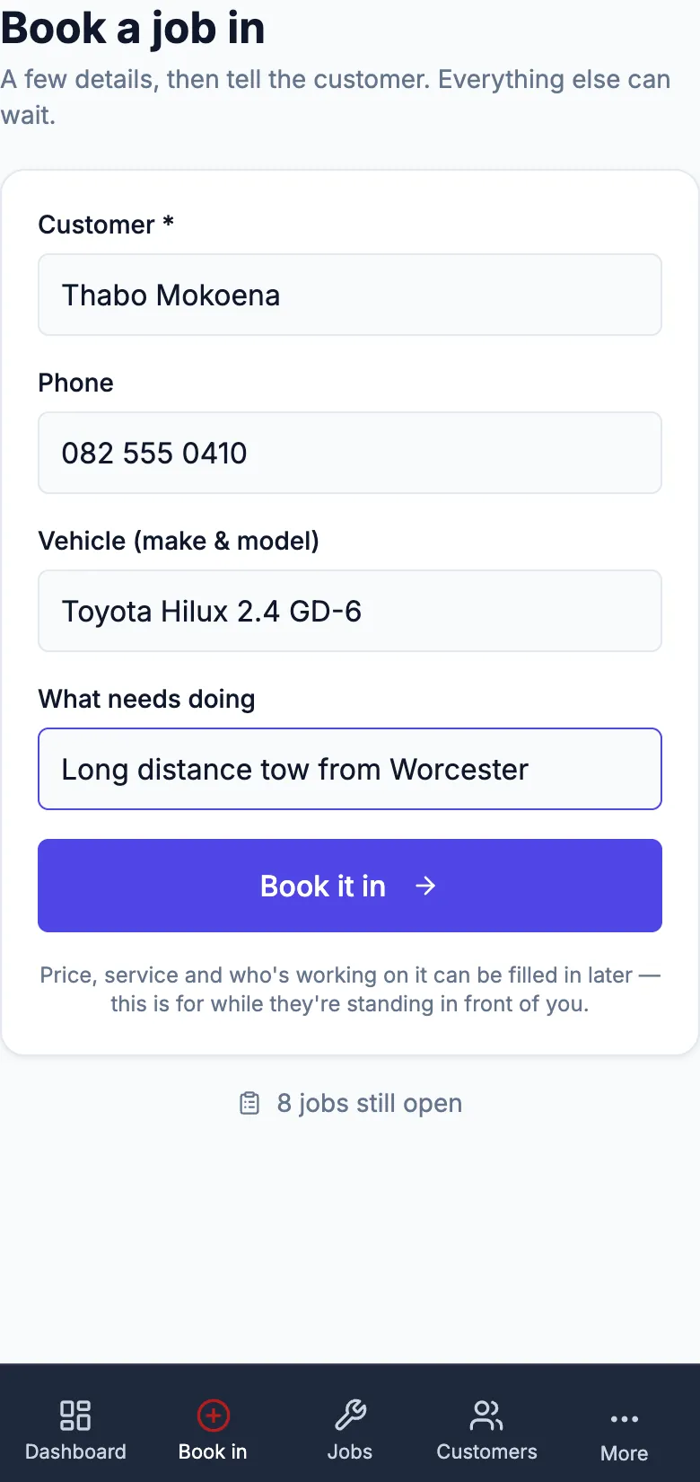 The book-a-job-in screen on a phone for a demo towing company