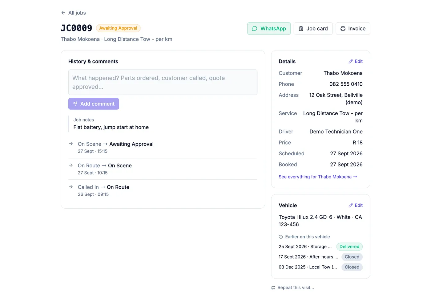 A job page for a demo towing company showing earlier work on the same vehicle