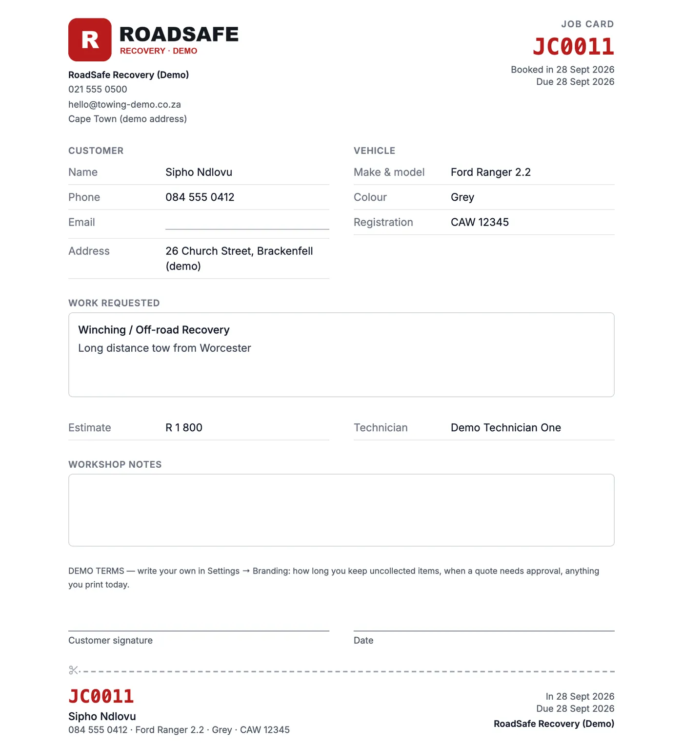 A printed job card for a demo towing company